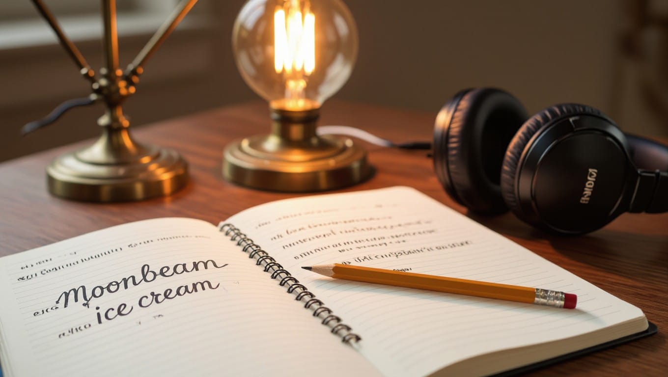 Lyric notebook featuring moonbeam ice cream line