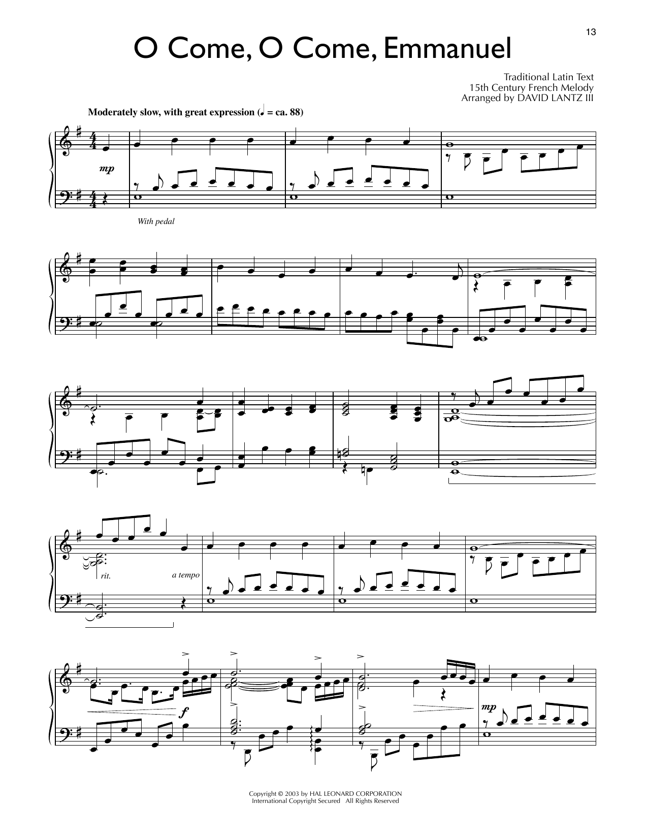15th Century French Melody O Come, O Come, Emmanuel (arr. David Lantz III) sheet music, chords, lyrics - Printable PDF for Piano Solo