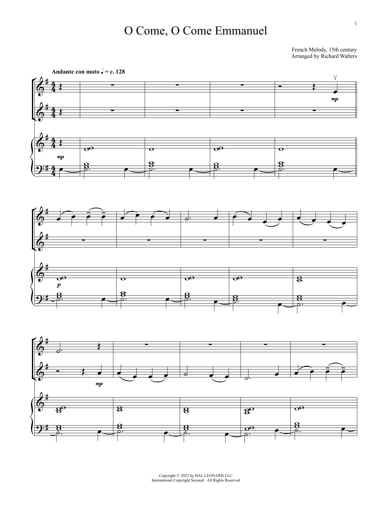 15th Century French Melody O Come, O Come, Emmanuel (for Violin Duet and Piano) sheet music, chords, lyrics - Printable PDF for Violin and Piano