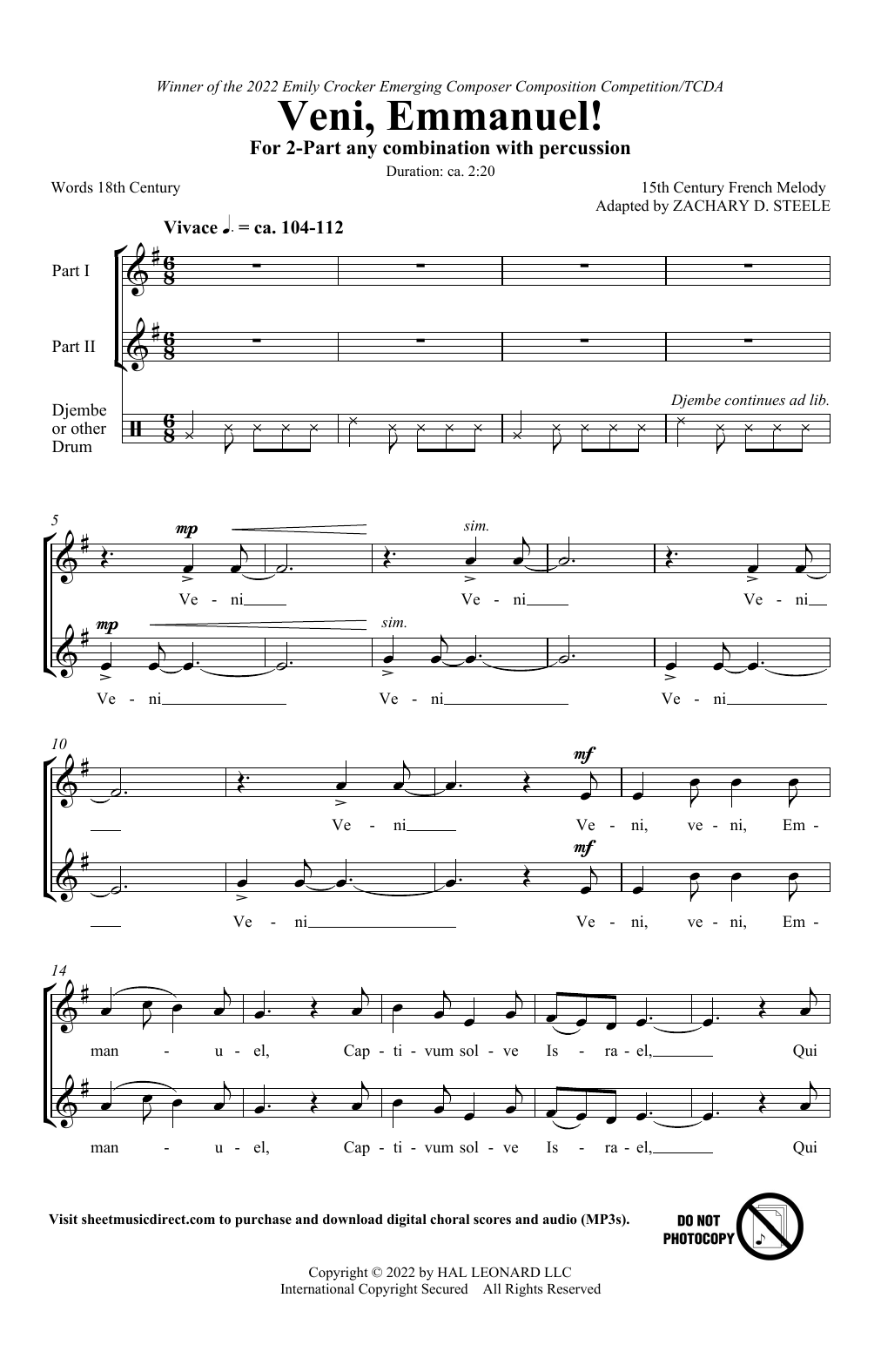 15th Century French Melody Veni, Emmanuel! (arr. Zachary Steele) sheet music, chords, lyrics - Printable PDF for 2-Part Choir