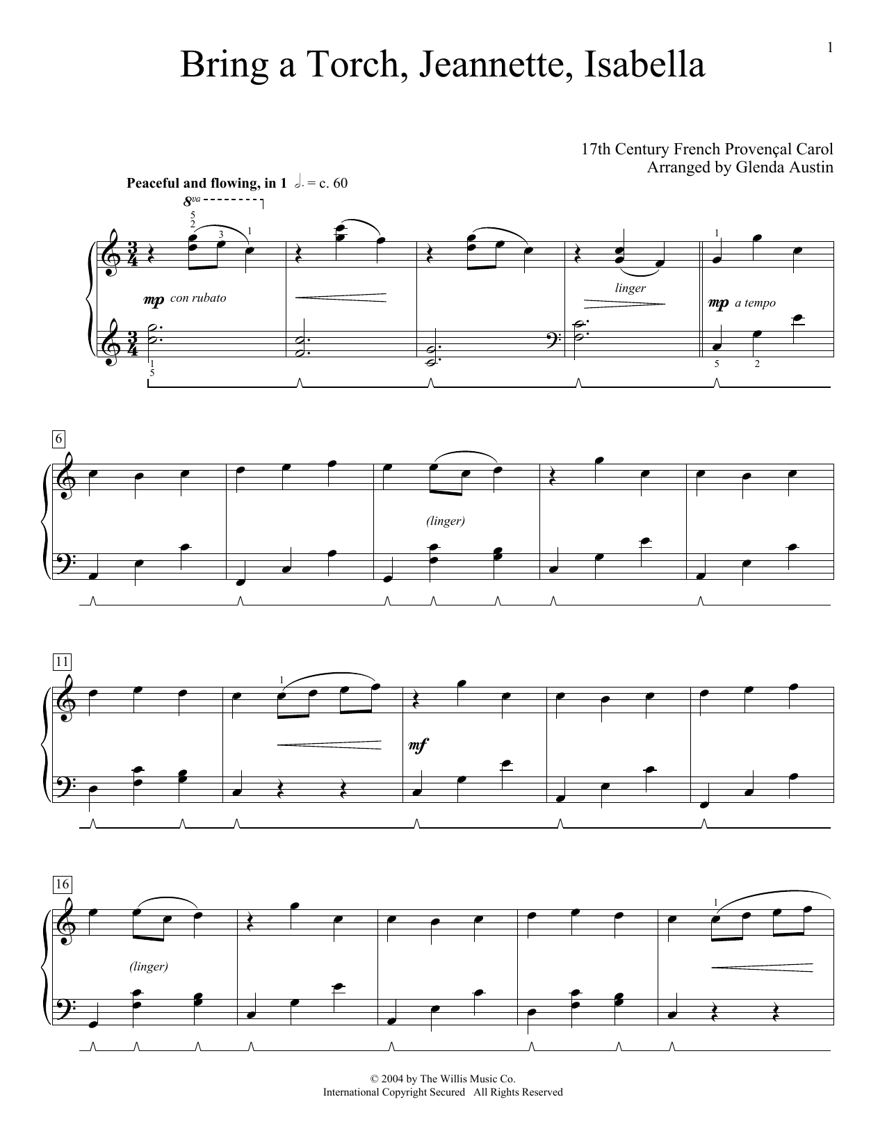 17th Century French Carol Bring A Torch, Jeannette, Isabella (arr. Glenda Austin) sheet music, chords, lyrics - Printable PDF for Piano Solo