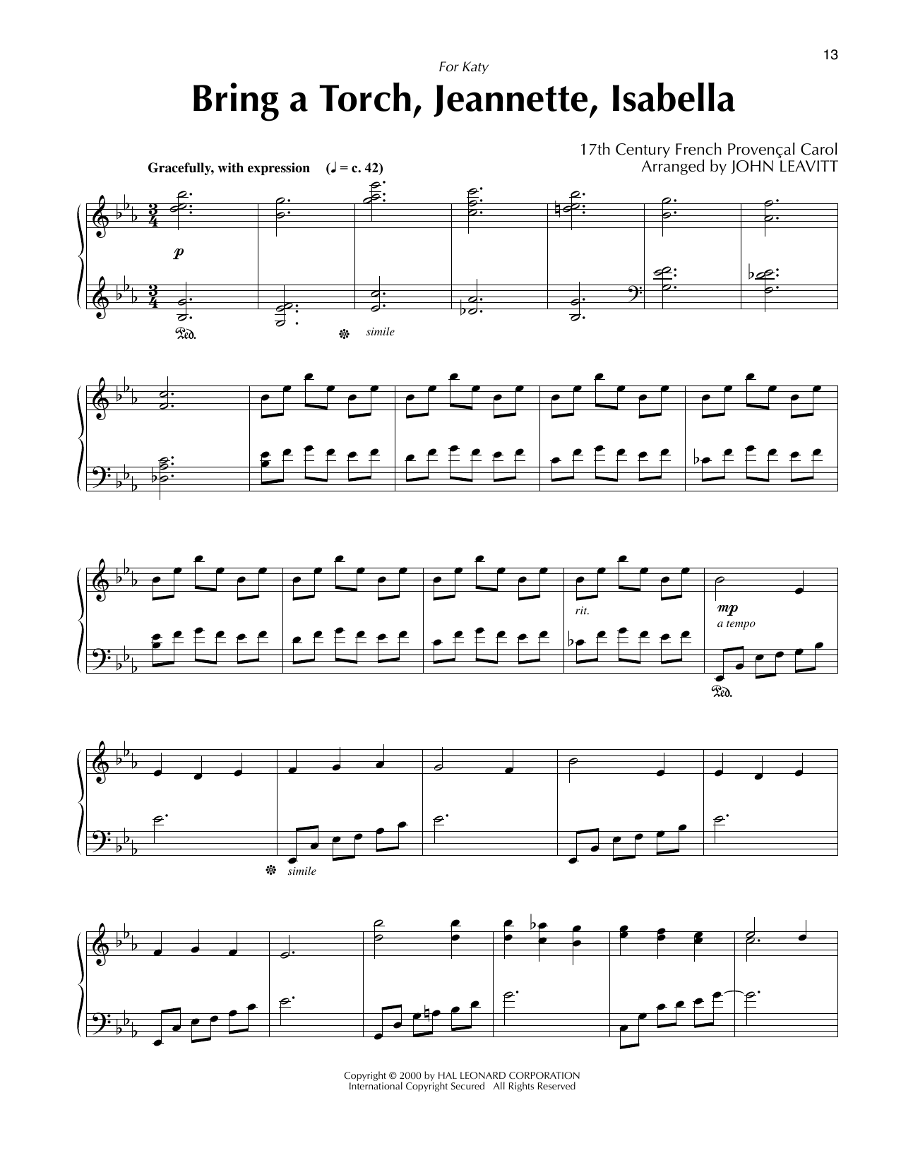 17th Century French Carol Bring A Torch, Jeannette, Isabella (arr. John Leavitt) sheet music, chords, lyrics - Printable PDF for Piano Solo