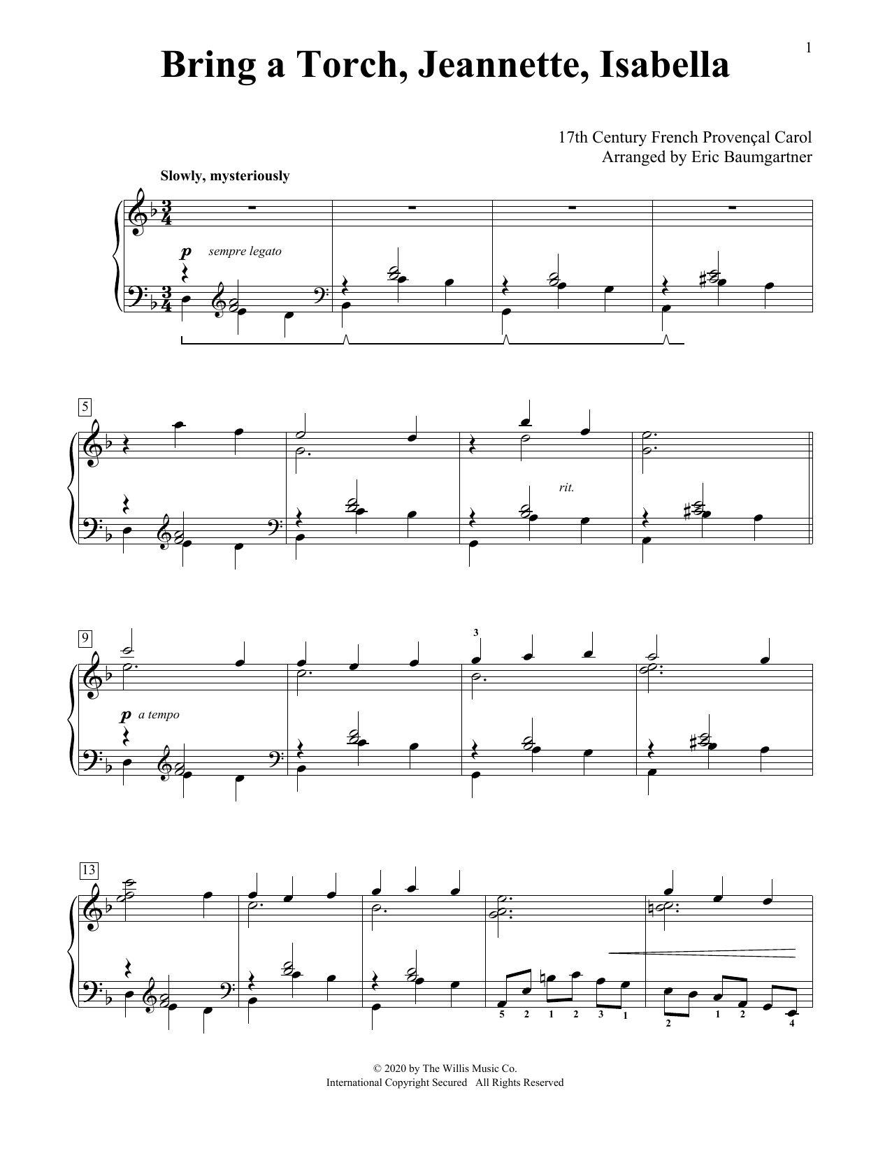 17th Century French Carol Bring A Torch, Jeannette, Isabella [Jazz version] (arr. Eric Baumgartner) sheet music, chords, lyrics - Printable PDF for Educational Piano