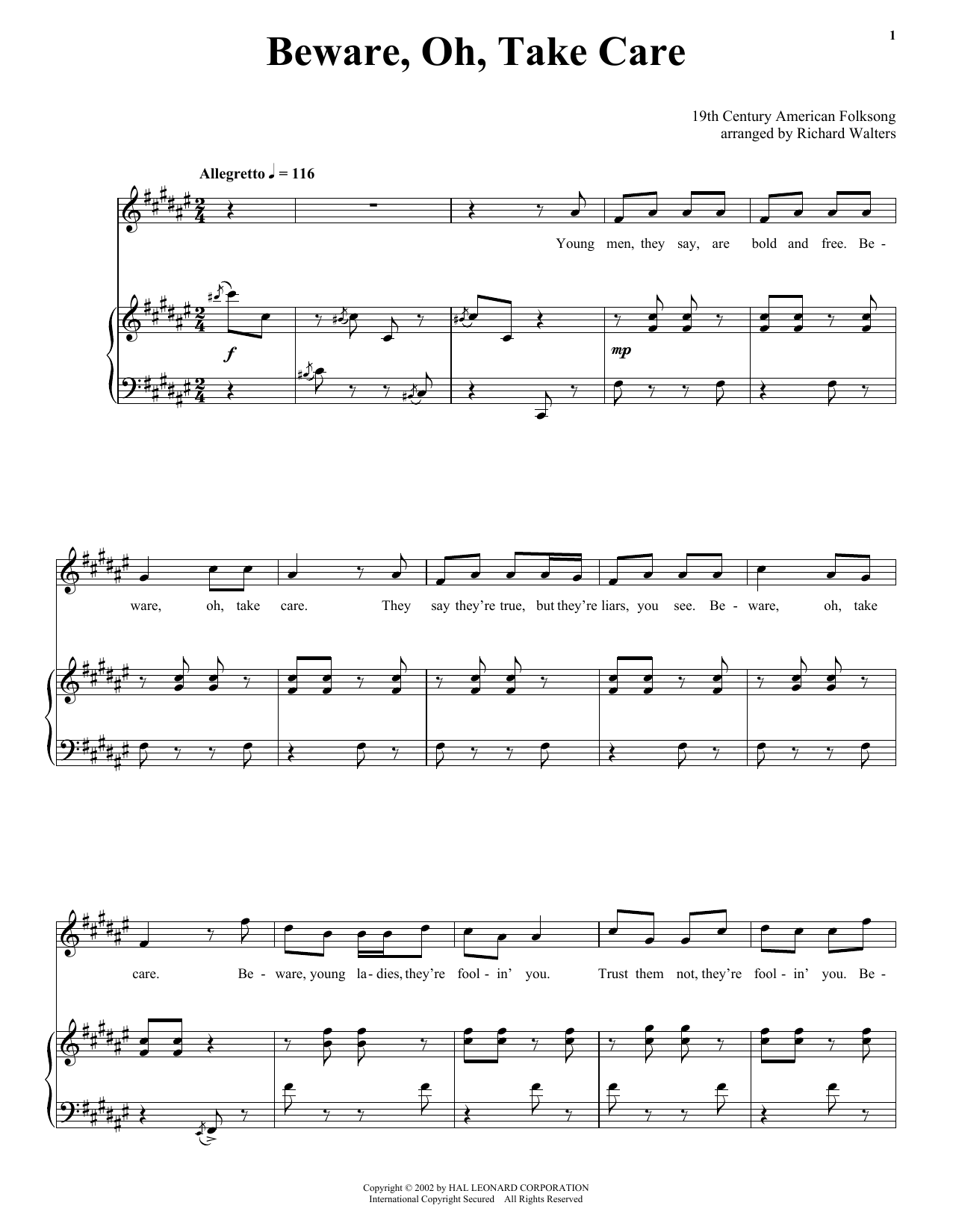 Traditional American Folk Song Beware, Oh, Take Care sheet music, chords, lyrics - Printable PDF for Piano, Vocal & Guitar (Right-Hand Melody)
