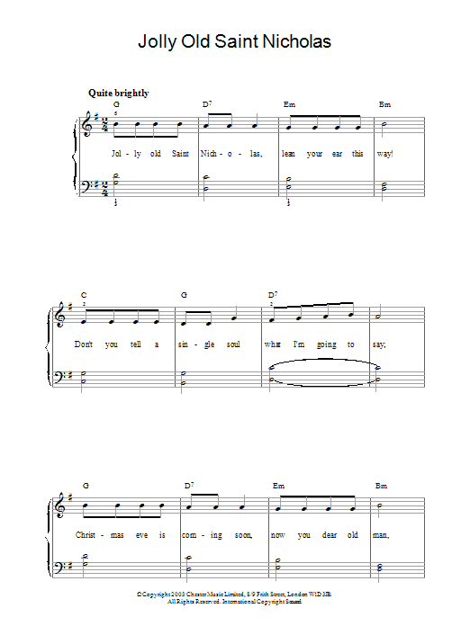 Learn to play Christmas Carol Jolly Old St. Nicholas sheet music for Piano in minutes. Christmas Carol Jolly Old St. Nicholas sheet music preview music notes and score for Piano including 2 page(s)