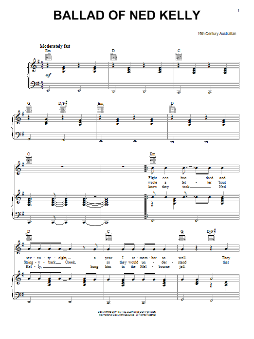 Australian Folksong Ballad Of Ned Kelly sheet music preview music notes and score for Piano, Vocal & Guitar (Right-Hand Melody) including 3 page(s)