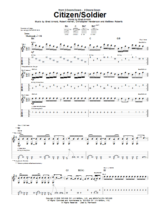 3 Doors Down Citizen/Soldier sheet music, chords, lyrics - Printable PDF for Piano, Vocal & Guitar (Right-Hand Melody)