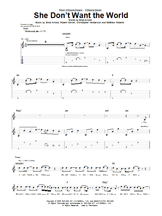 3 Doors Down She Don't Want The World sheet music, chords, lyrics - Printable PDF for Piano, Vocal & Guitar (Right-Hand Melody)