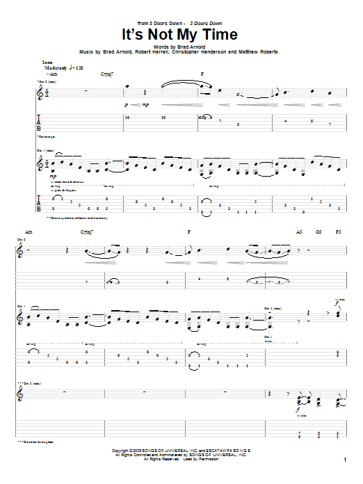 Learn to play 3 Doors Down It's Not My Time sheet music for Guitar Tab in minutes. 3 Doors Down It's Not My Time sheet music preview music notes and score for Guitar Tab including 9 page(s)