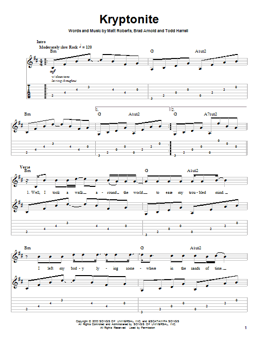 Learn to play 3 Doors Down Kryptonite sheet music for Guitar Tab in minutes. 3 Doors Down Kryptonite sheet music preview music notes and score for Guitar Tab including 6 page(s)