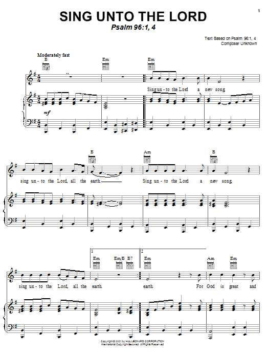 Anonymous Sing Unto The Lord sheet music, chords, lyrics - Printable PDF for Piano, Vocal & Guitar (Right-Hand Melody)