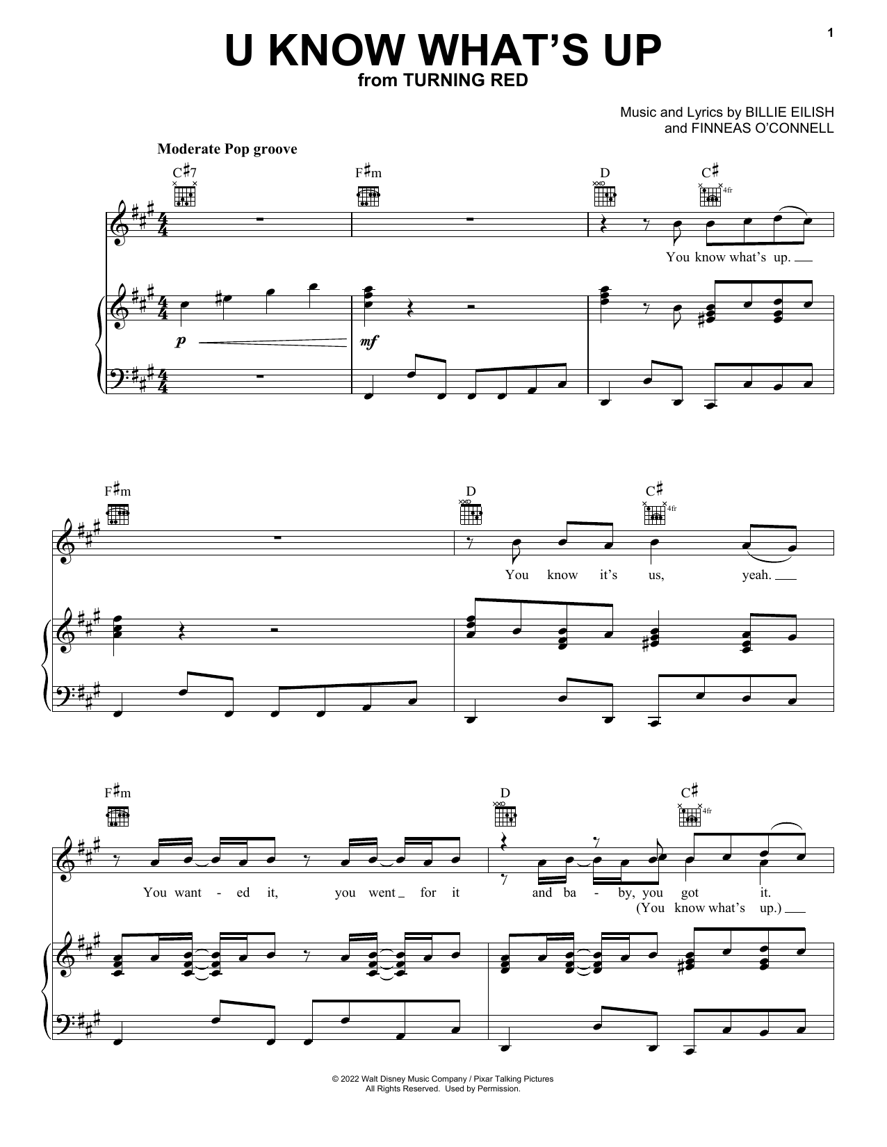 4*TOWN U Know What's Up (from Turning Red) sheet music, chords, lyrics - Printable PDF for Piano, Vocal & Guitar Chords (Right-Hand Melody)