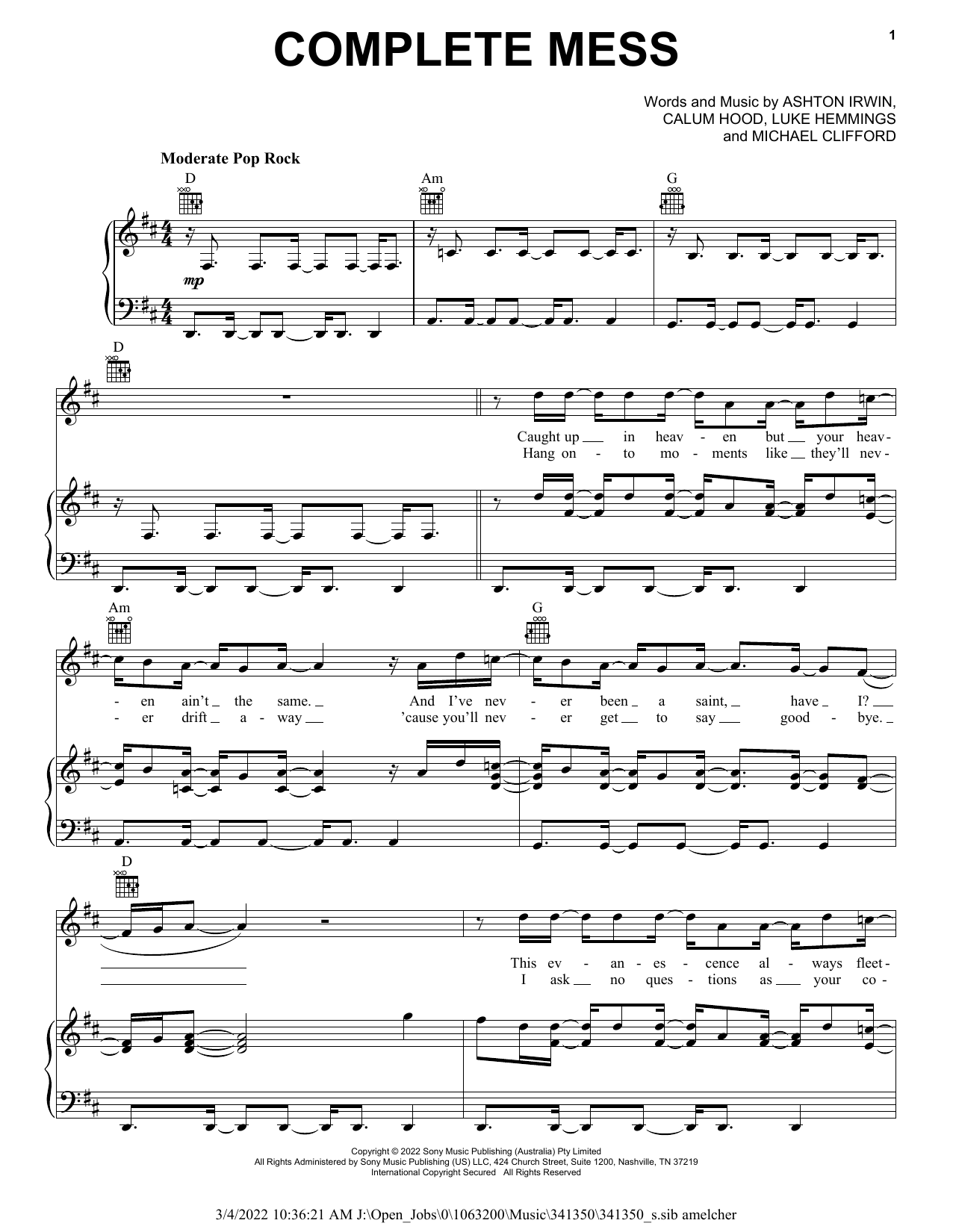 5 Seconds of Summer Complete Mess sheet music preview music notes and score for Piano, Vocal & Guitar Chords (Right-Hand Melody) including 4 page(s)