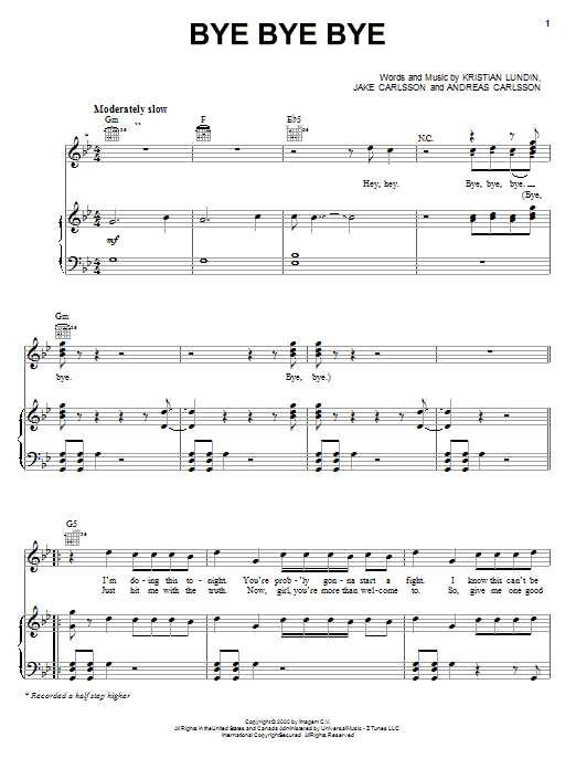 Learn to play 'N Sync Bye Bye Bye sheet music for Piano, Vocal & Guitar (Right-Hand Melody) in minutes. 'N Sync Bye Bye Bye sheet music notes and chords