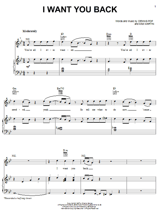 'N Sync I Want You Back sheet music, chords, lyrics - Printable PDF for Piano, Vocal & Guitar (Right-Hand Melody)