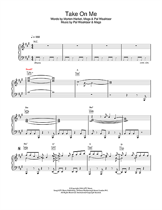 Learn to play A-ha Take On Me sheet music for Piano, Vocal & Guitar in minutes. A-ha Take On Me sheet music notes and chords