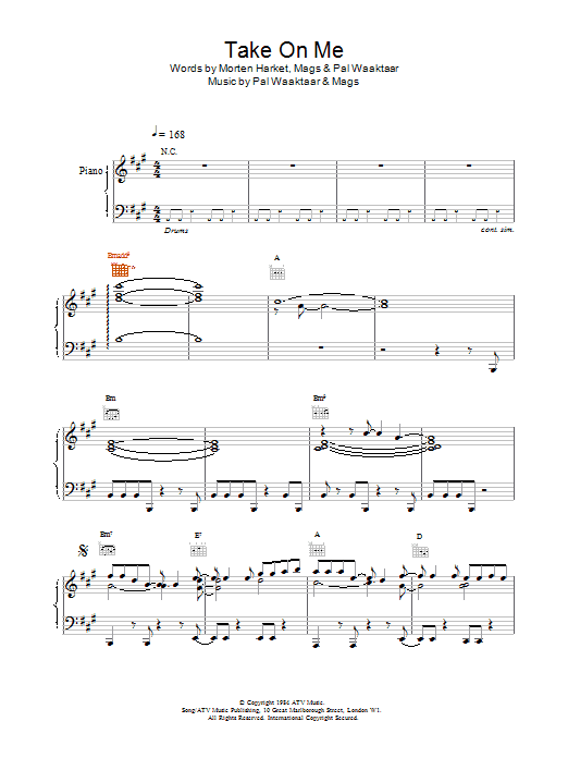 A-ha Take On Me sheet music preview music notes and score for Piano, Vocal & Guitar including 5 page(s)