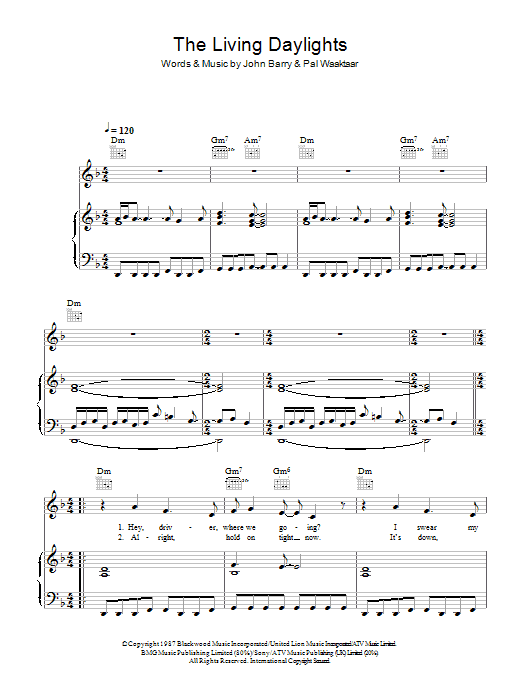 A-ha The Living Daylights sheet music preview music notes and score for Piano, Vocal & Guitar including 6 page(s)