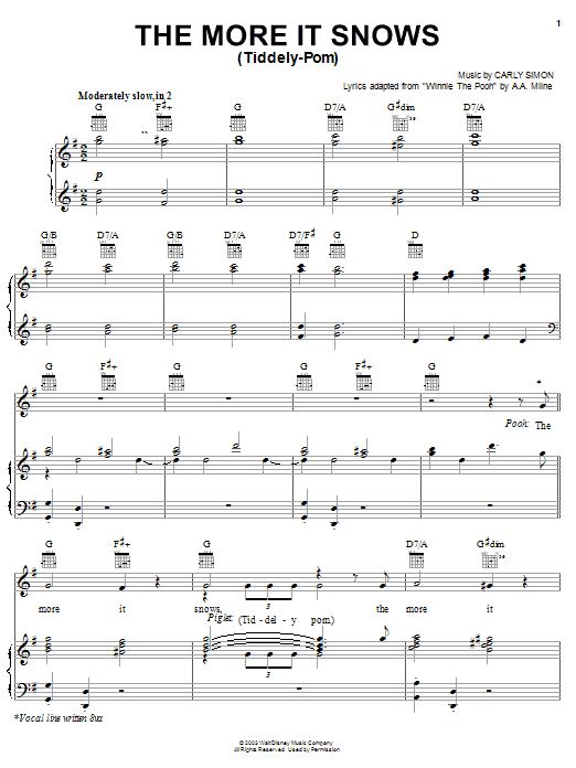 Learn to play A.A. Milne The More It Snows (Tiddely-Pom) (from Piglet's Big Movie) sheet music for Piano, Vocal & Guitar (Right-Hand Melody) in minutes. A.A. Milne The More It Snows (Tiddely-Pom) (from Piglet's Big Movie) sheet music notes and chords
