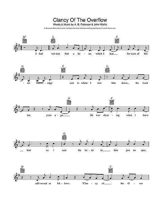 Learn to play A.B. 'Banjo' Paterson Clancy Of The Overflow sheet music for Melody Line, Lyrics & Chords in minutes. A.B. 'Banjo' Paterson Clancy Of The Overflow sheet music preview music notes and score for Melody Line, Lyrics & Chords including 2 page(s)