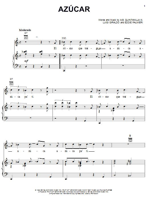 Learn to play A.B. Quintanilla III Azucar sheet music for Piano, Vocal & Guitar (Right-Hand Melody) in minutes. A.B. Quintanilla III Azucar sheet music notes and chords