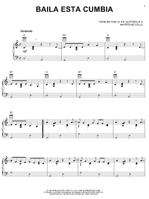 Learn to play A.B. Quintanilla III Baila Esta Cumbia sheet music for Piano, Vocal & Guitar (Right-Hand Melody) in minutes. A.B. Quintanilla III Baila Esta Cumbia sheet music notes and chords