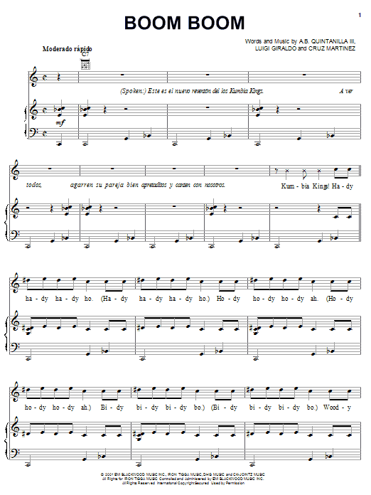 Learn to play A.B. Quintanilla III Boom Boom sheet music for Piano, Vocal & Guitar (Right-Hand Melody) in minutes. A.B. Quintanilla III Boom Boom sheet music notes and chords