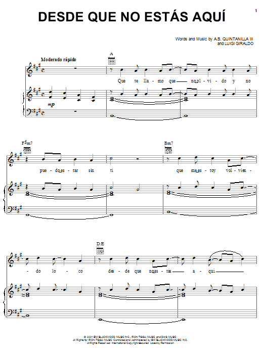 Learn to play A.B. Quintanilla III Desde Que No Estas Aqui sheet music for Piano, Vocal & Guitar (Right-Hand Melody) in minutes. A.B. Quintanilla III Desde Que No Estas Aqui sheet music notes and chords
