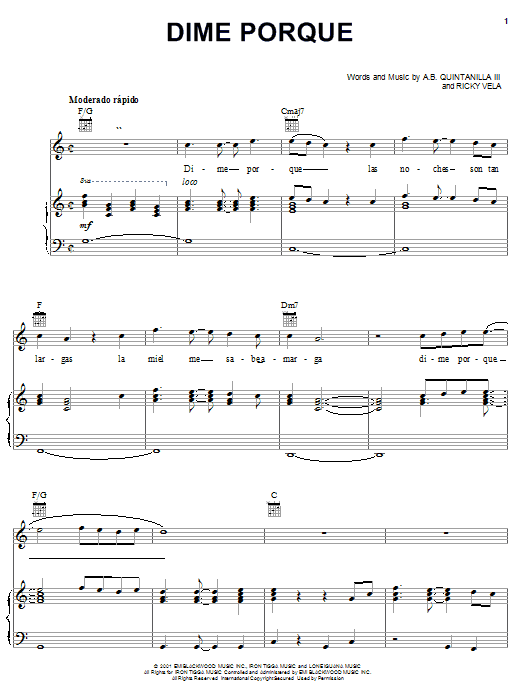Learn to play A.B. Quintanilla III Dime Porque sheet music for Piano, Vocal & Guitar (Right-Hand Melody) in minutes. A.B. Quintanilla III Dime Porque sheet music notes and chords