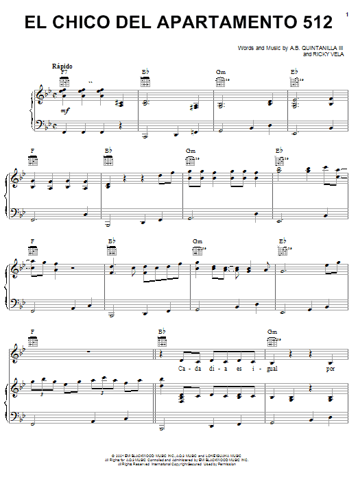 Learn to play A.B. Quintanilla III El Chico Del Apartamento 512 sheet music for Piano, Vocal & Guitar (Right-Hand Melody) in minutes. A.B. Quintanilla III El Chico Del Apartamento 512 sheet music notes and chords