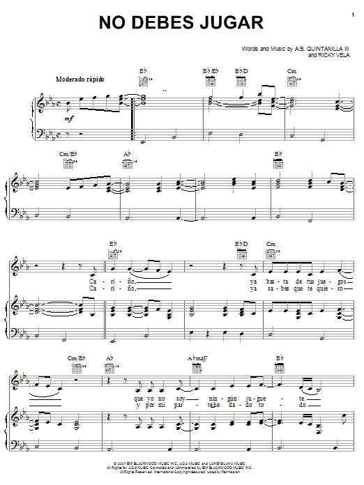 Learn to play A.B. Quintanilla III No Debes Jugar sheet music for Piano, Vocal & Guitar (Right-Hand Melody) in minutes. A.B. Quintanilla III No Debes Jugar sheet music notes and chords