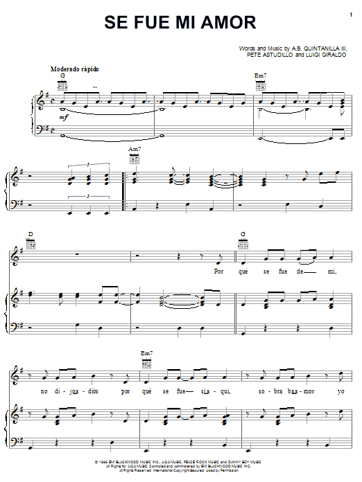 Learn to play A.B. Quintanilla III Se Fue Mi Amor sheet music for Piano, Vocal & Guitar (Right-Hand Melody) in minutes. A.B. Quintanilla III Se Fue Mi Amor sheet music notes and chords