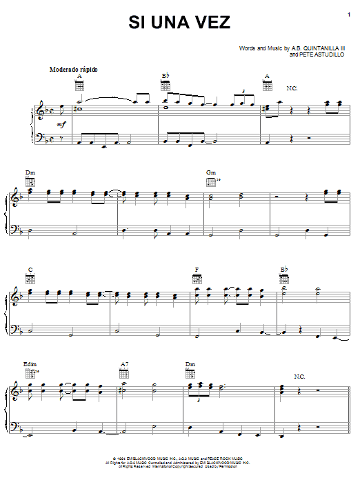 Learn to play A.B. Quintanilla III Si Una Vez sheet music for Piano, Vocal & Guitar (Right-Hand Melody) in minutes. A.B. Quintanilla III Si Una Vez sheet music notes and chords