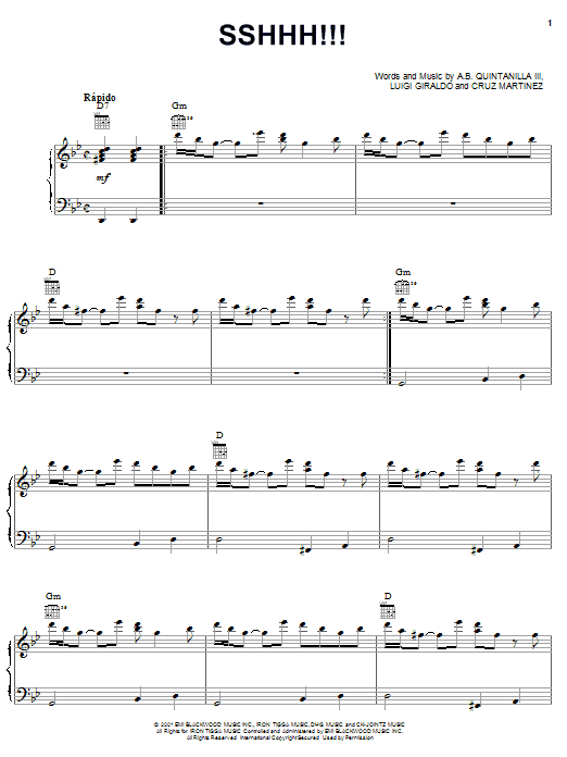 Learn to play A.B. Quintanilla III SSHHH!!! sheet music for Piano, Vocal & Guitar (Right-Hand Melody) in minutes. A.B. Quintanilla III SSHHH!!! sheet music notes and chords