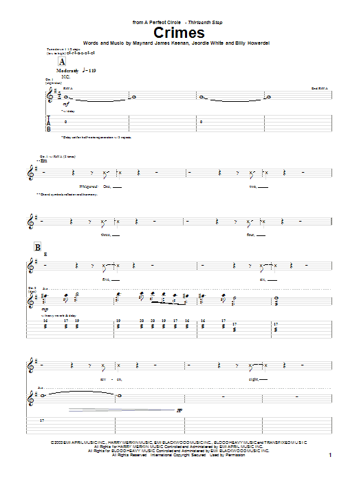 Learn to play A Perfect Circle Crimes sheet music for Guitar Tab in minutes. A Perfect Circle Crimes sheet music notes and chords