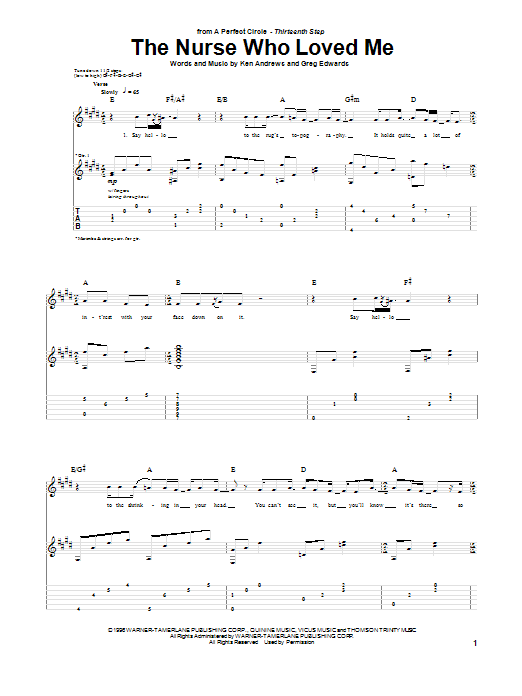 Learn to play A Perfect Circle The Nurse Who Loved Me sheet music for Guitar Tab in minutes. A Perfect Circle The Nurse Who Loved Me sheet music preview music notes and score for Guitar Tab including 5 page(s)