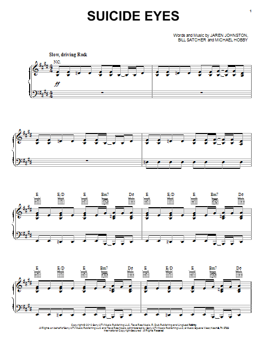 A Thousand Horses Suicide Eyes sheet music preview music notes and score for Piano, Vocal & Guitar (Right-Hand Melody) including 5 page(s)