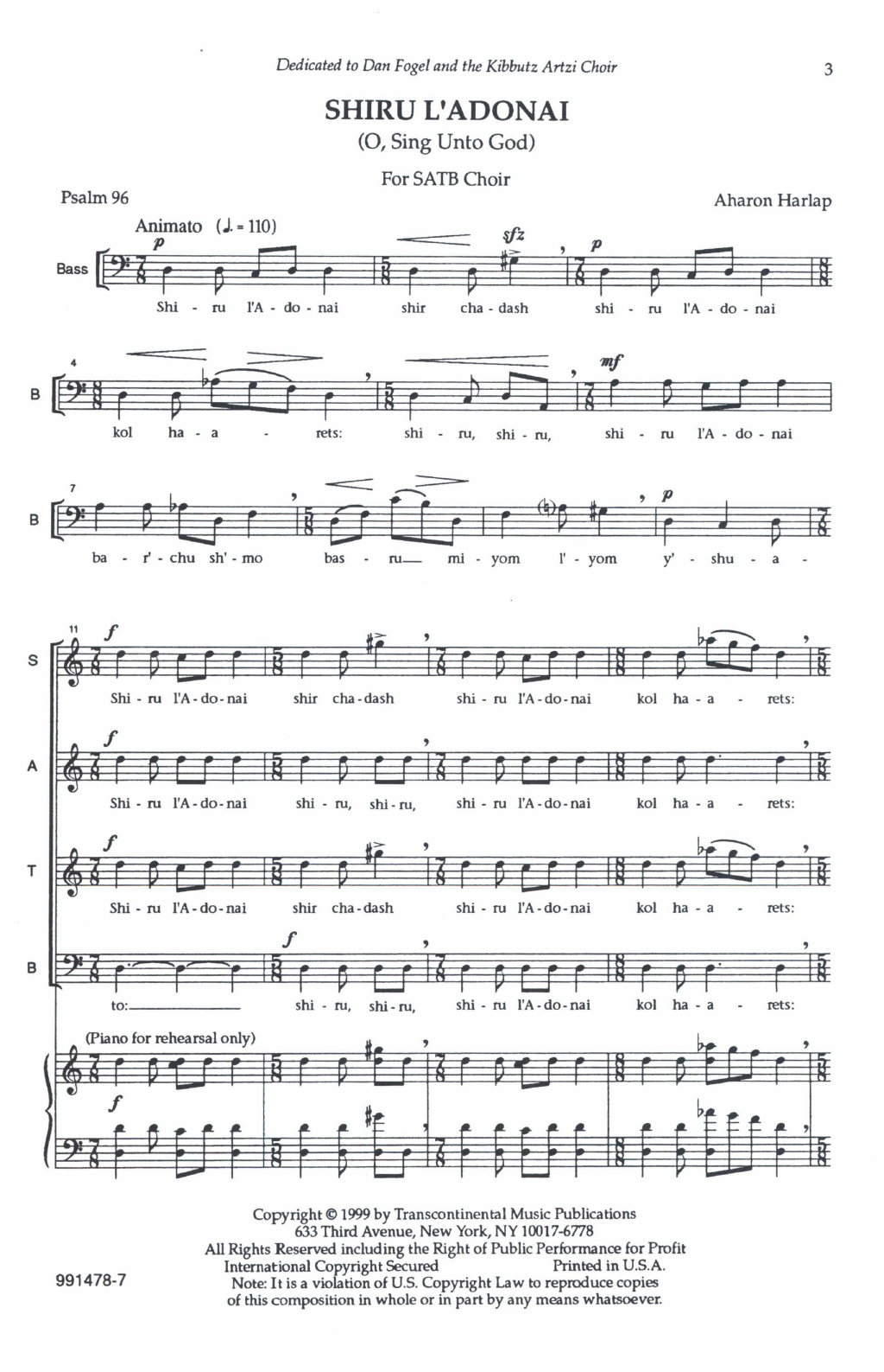 Aahron Harlap Shiru L'adonai (O Sing Unto God) sheet music, chords, lyrics - Printable PDF for SATB Choir