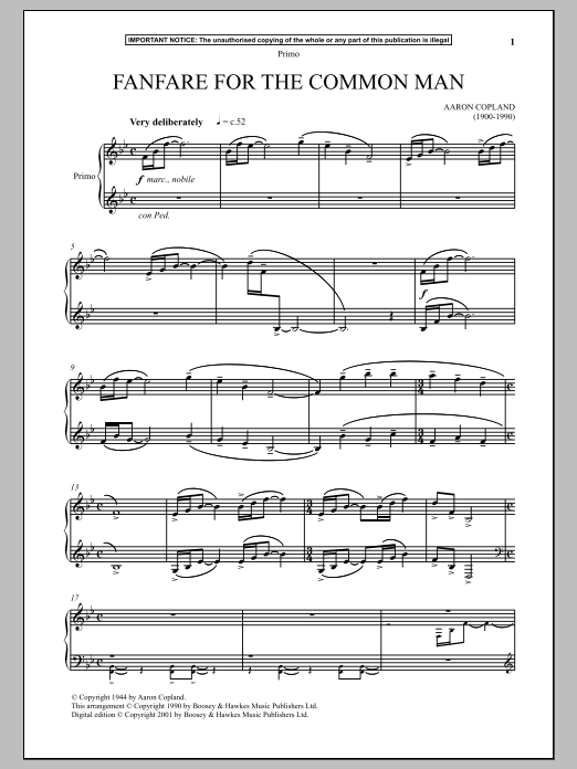 Aaron Copland Fanfare For The Common Man sheet music, chords, lyrics - Printable PDF for Piano Duet