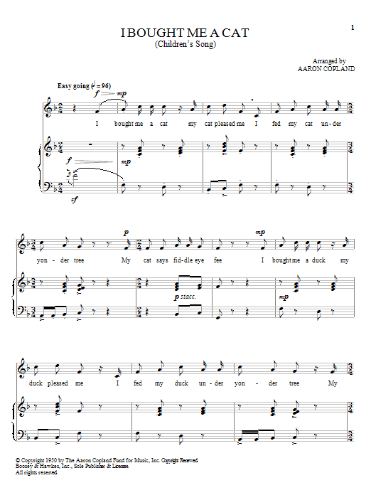Aaron Copland I Bought Me A Cat sheet music, chords, lyrics - Printable PDF for Piano, Vocal & Guitar (Right-Hand Melody)