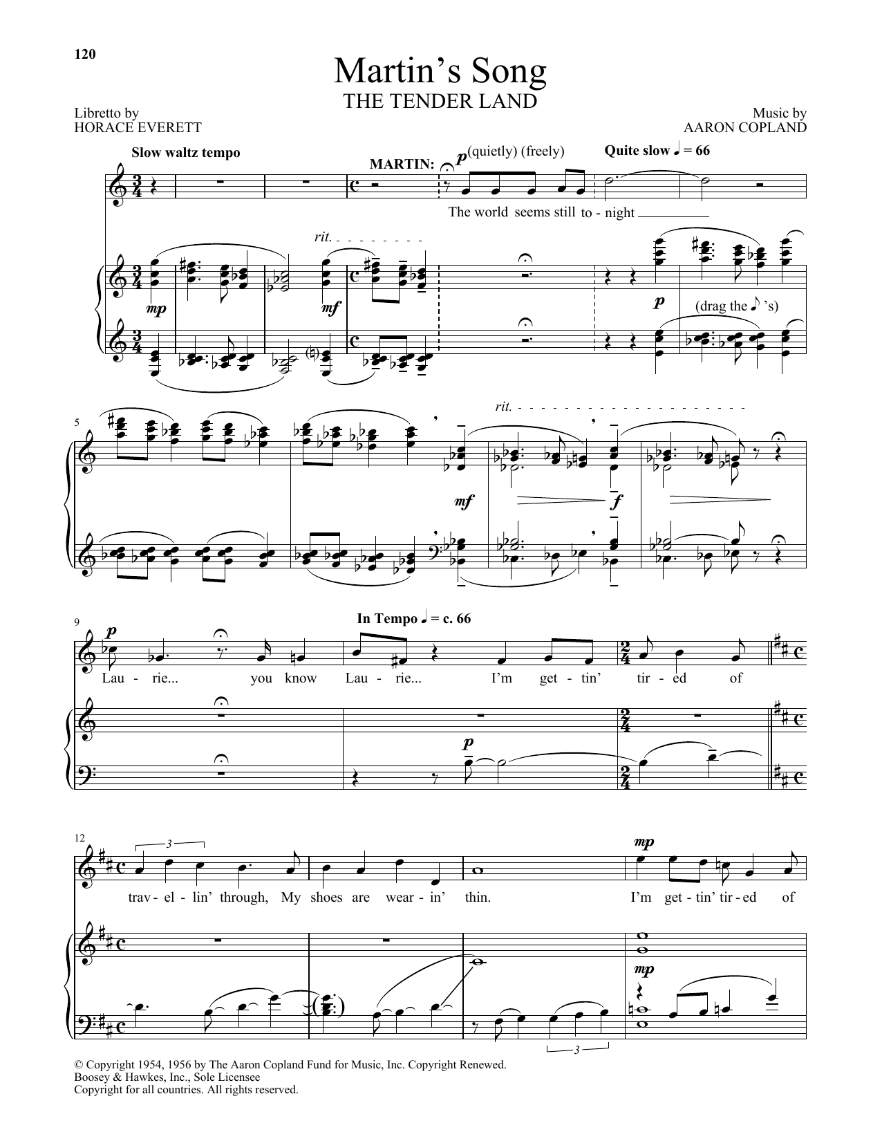 Aaron Copland Martin's Song (from The Tender Land) sheet music, chords, lyrics - Printable PDF for Piano & Vocal
