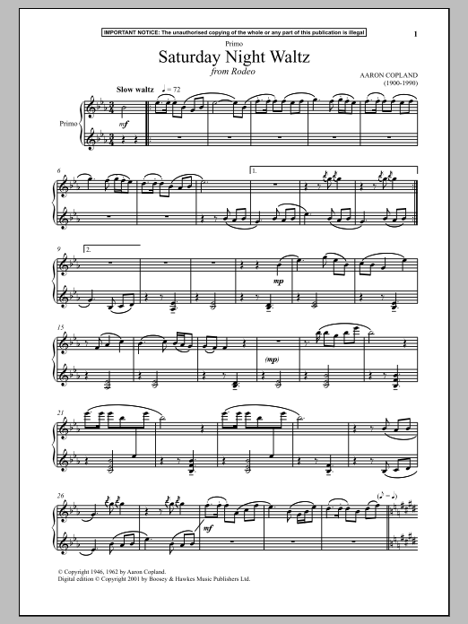 Aaron Copland Saturday Night Waltz (from Rodeo) sheet music, chords, lyrics - Printable PDF for Piano Duet