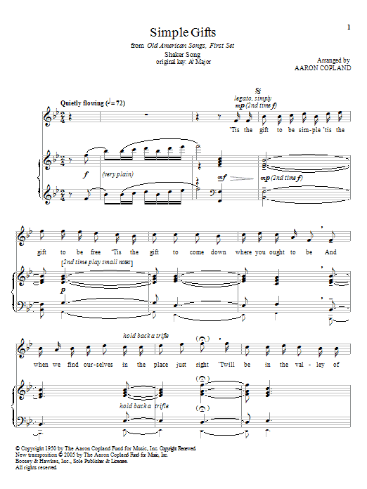 Aaron Copland Simple Gifts sheet music, chords, lyrics - Printable PDF for Piano & Vocal