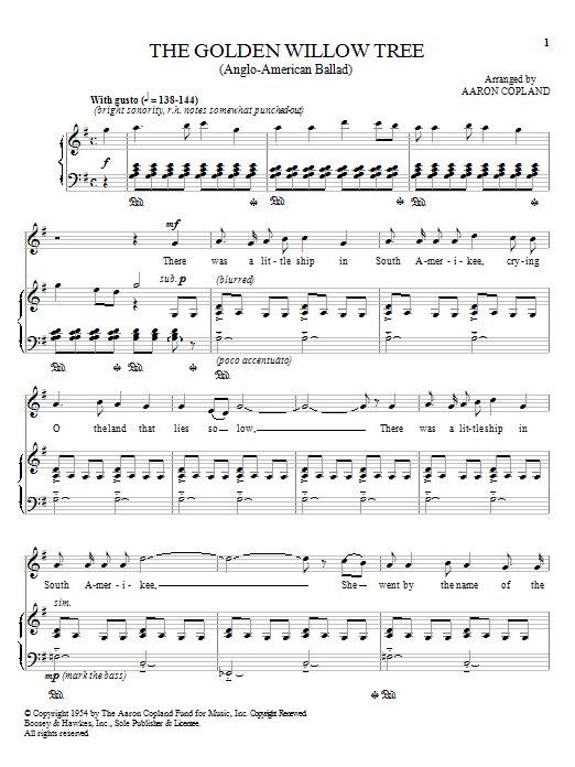 Aaron Copland The Golden Willow Tree sheet music, chords, lyrics - Printable PDF for Piano, Vocal & Guitar (Right-Hand Melody)