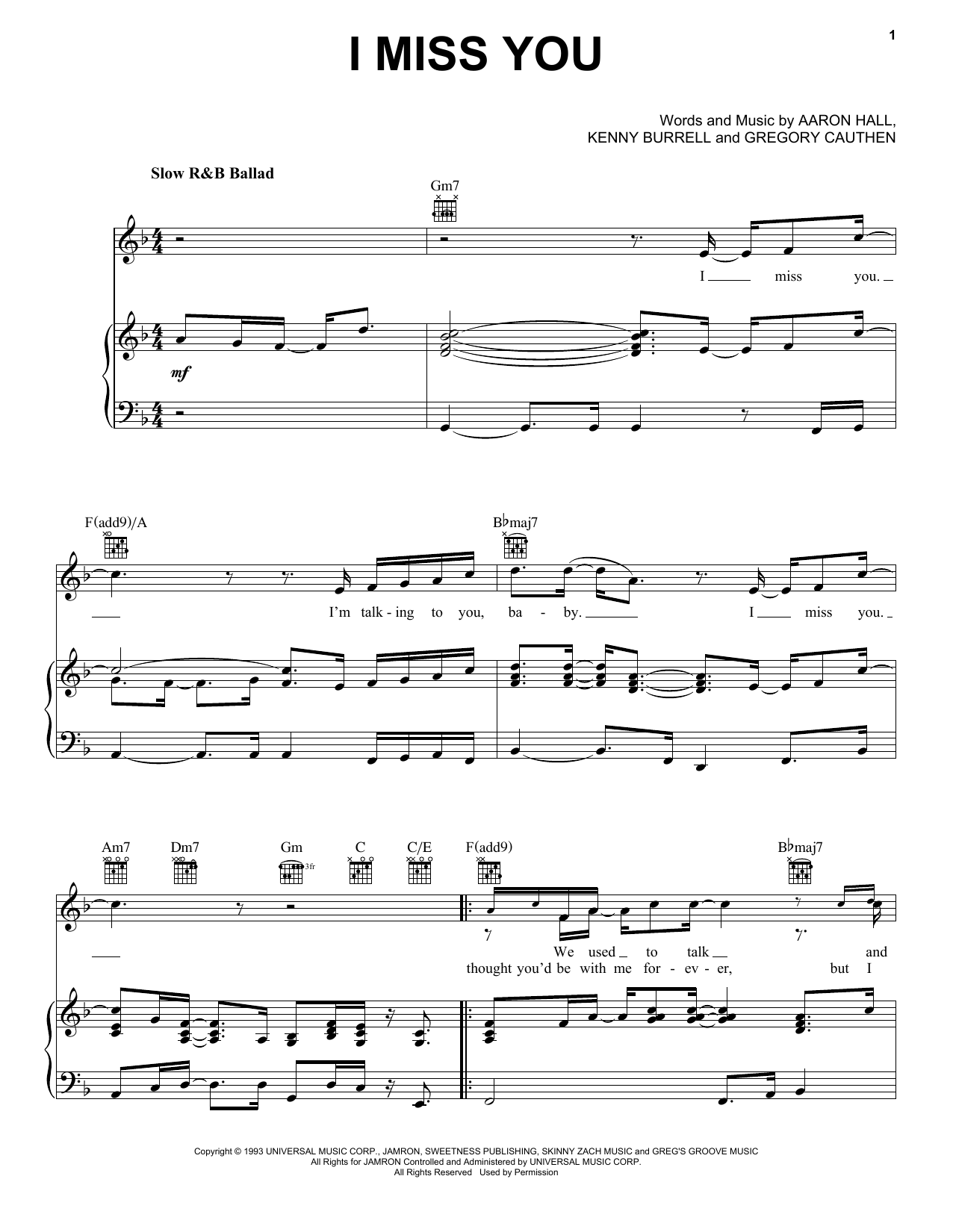 Aaron Hall I Miss You sheet music, chords, lyrics - Printable PDF for Piano, Vocal & Guitar Chords (Right-Hand Melody)