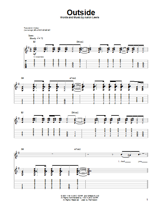 Aaron Lewis Outside sheet music, chords, lyrics - Printable PDF for Guitar Tab