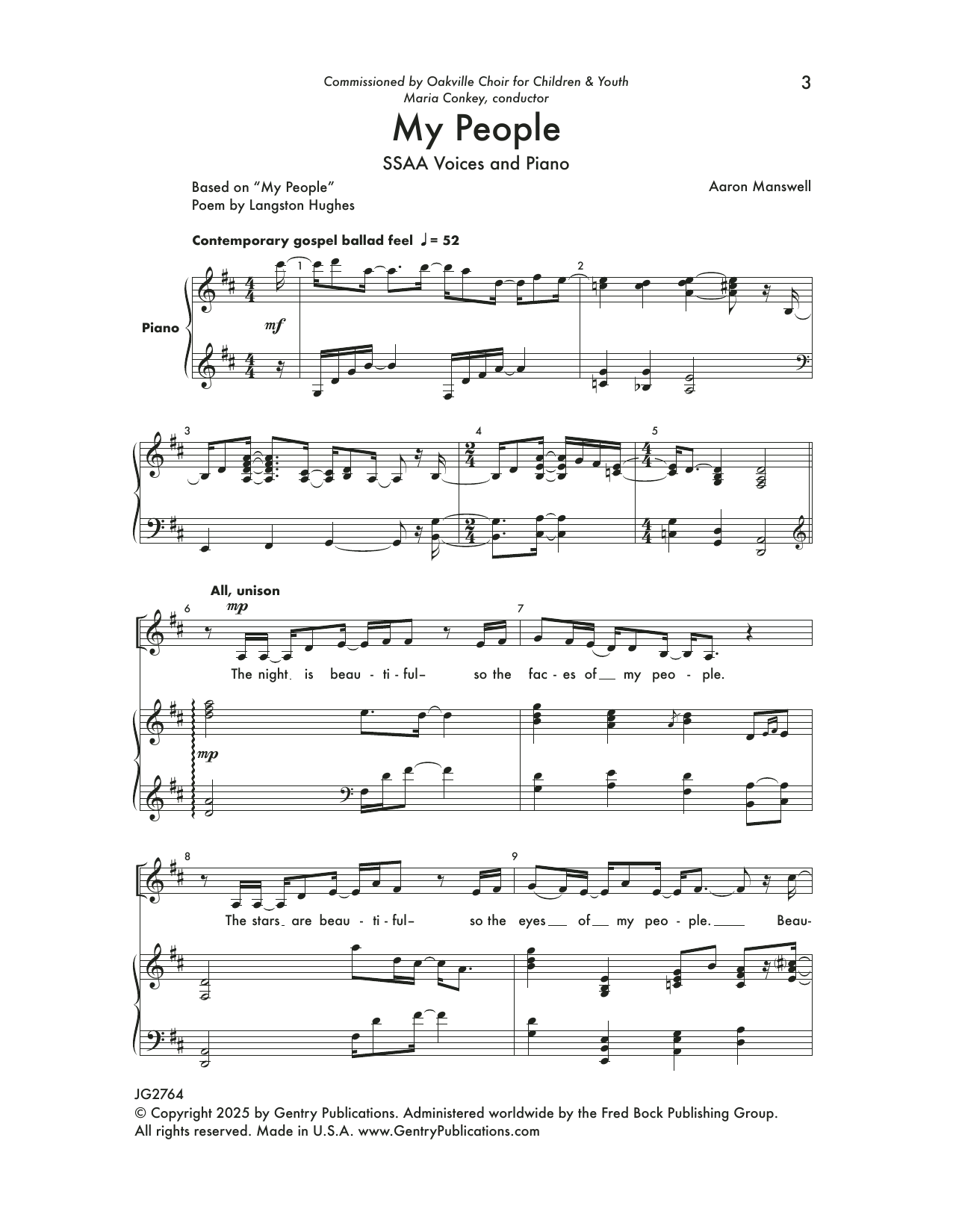 Aaron Manswell My People sheet music, chords, lyrics - Printable PDF for SSAA Choir
