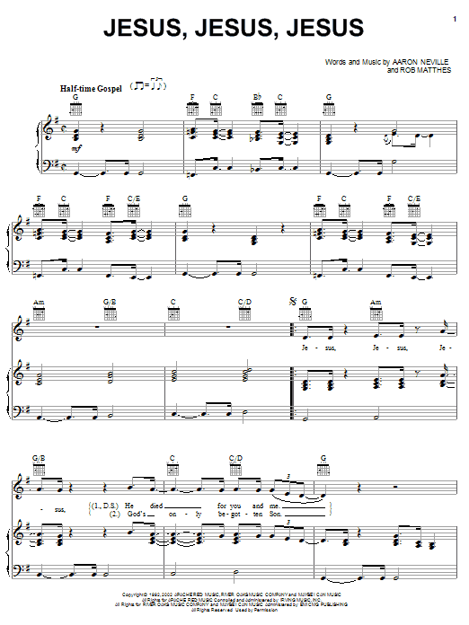 Aaron Neville Jesus, Jesus, Jesus sheet music, chords, lyrics - Printable PDF for Piano, Vocal & Guitar (Right-Hand Melody)