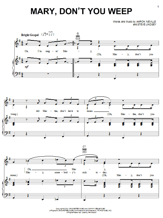 Aaron Neville Mary Don't You Weep sheet music, chords, lyrics - Printable PDF for Piano, Vocal & Guitar (Right-Hand Melody)