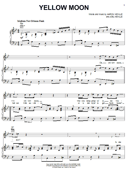 Aaron Neville Yellow Moon sheet music, chords, lyrics - Printable PDF for Piano, Vocal & Guitar (Right-Hand Melody)